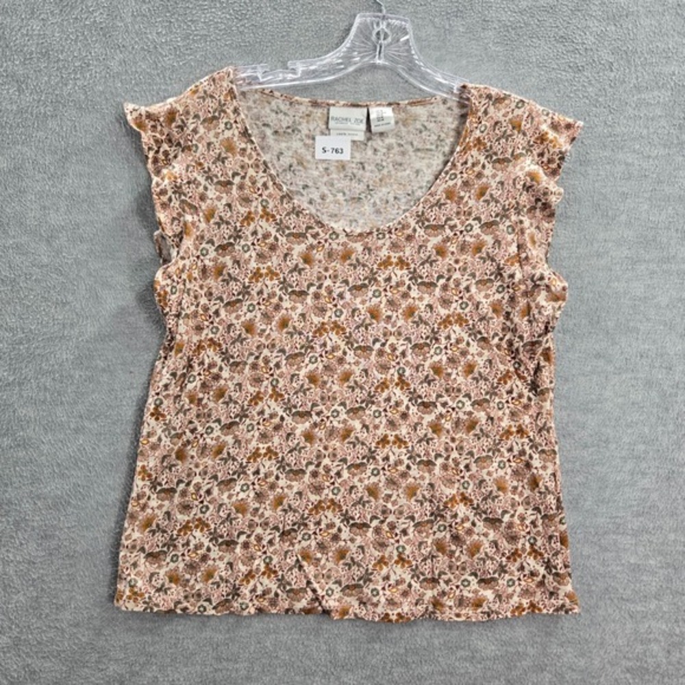 Rachell Zoe Women Top Medium Brown Floral Shirt 100% Linen Flutter Short Sleeve